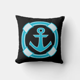 Coussin Bleu Nautique Turquoise Ancre de Bateau Océan Noir