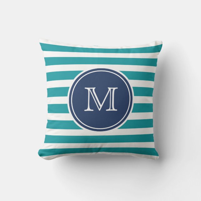 Coussin Bleu Nautique Turquoise Bande Monogramme Jeu d'ore (Recto)