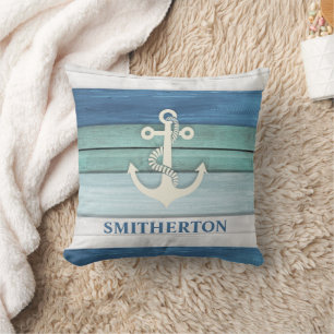 Coussin Bleu Nautique Turquoise Blanc Ancre Océan Plage