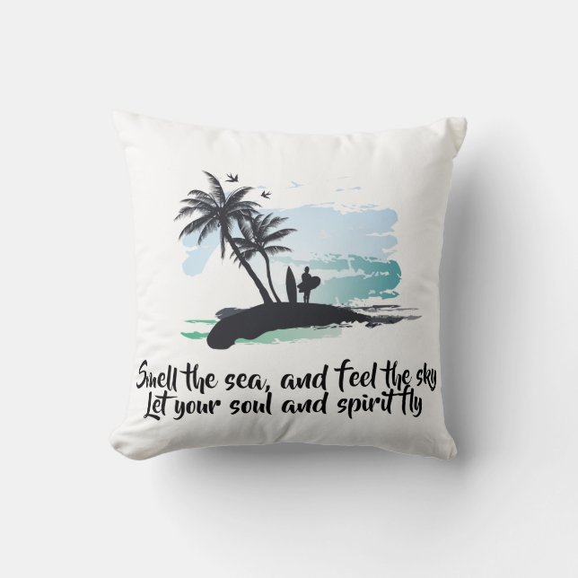 Coussin Bleu Noir Aquarelle palmier, oiseau océan Été (Recto)