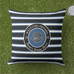 Coussin Bleu Noir Blanc Nautique Nom du bateau Poisson Bie