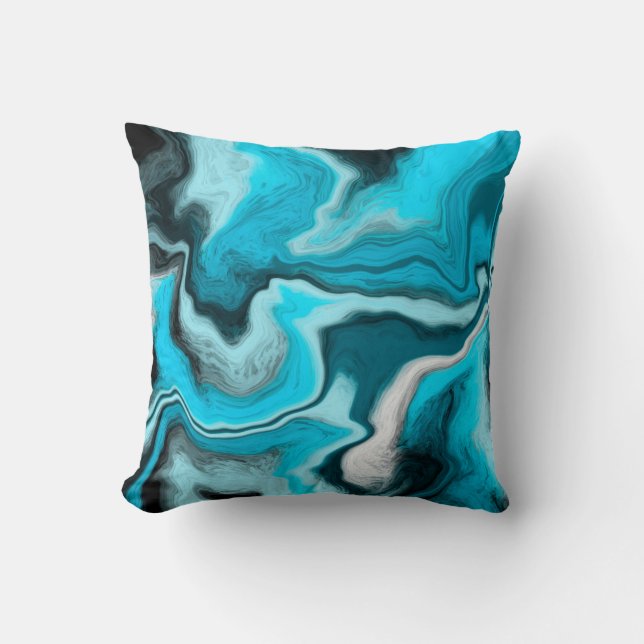 Coussin Bleu, noir et Marbre blanc Fluid Art (Recto)