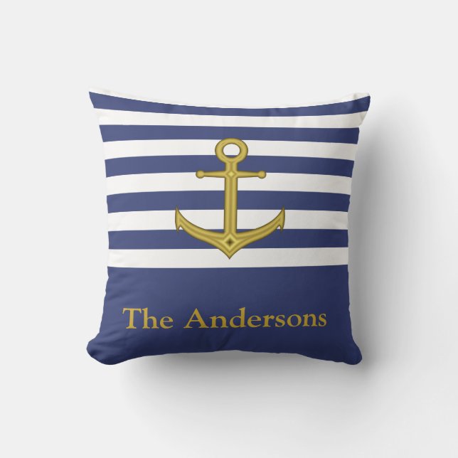 Coussin Bleu nommé fait sur commande et blanc avec l'Ancre (Recto)