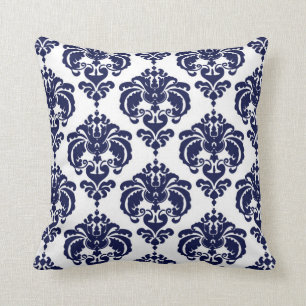 Coussin Bleu Nuit & Blanc Damassé Motif Élégant Moderne