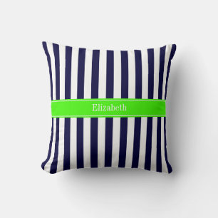 Coussin Bleu Nuit Blanc Rayure Lime Nom Monogramme