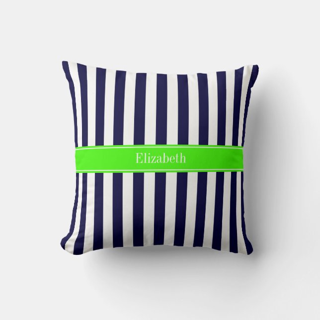 Coussin Bleu Nuit Blanc Rayure Lime Nom Monogramme (Recto)