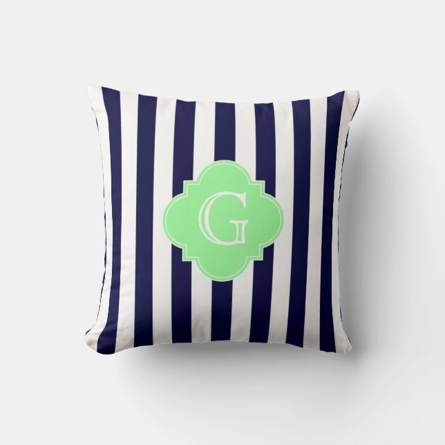 Coussin Bleu Nuit Blanc Rayure Menthe Quatrefeuille Monogr (Recto)
