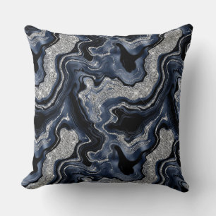 Coussin Bleu Nuit Élégant et Motif Agate Pailleté Argent