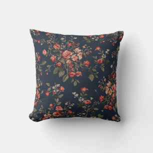 Coussin Bleu Nuit Foncé Rouge Sauge Floral Cottage