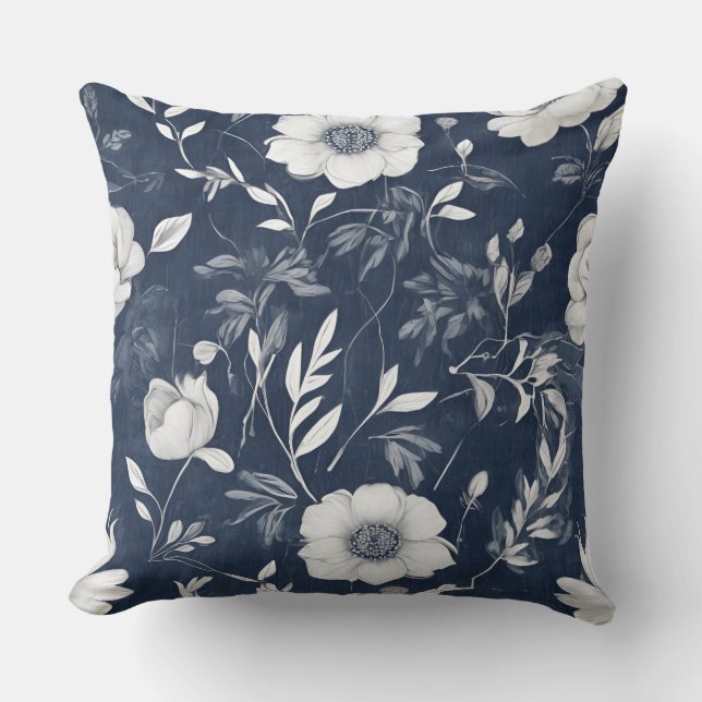 Coussin Bleu Nuit Gris Blanc Floral Maison de Campagne (Recto)