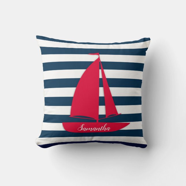 Coussin Bleu Nuit Marin Rayé Blanc Monogramme Bateau Rouge (Recto)