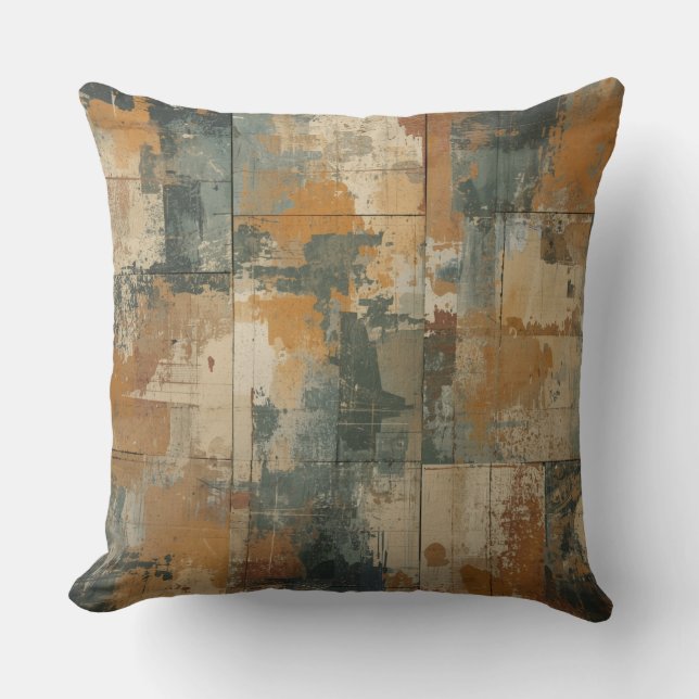 Coussin Bleu Nuit Orange Brûlé Bois Patiné Rustique (Recto)