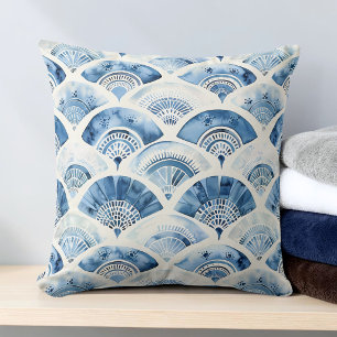 Coussin Bleu Océan Aquarelle Géométrique Dégradé Art Déco