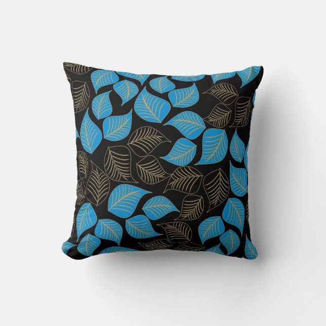 Coussin Bleu or large feuille motif sur noir (Recto)