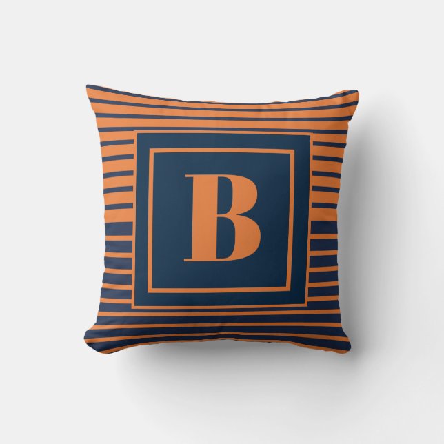 Coussin Bleu orange de la marine tendance rayé grand monog (Recto)