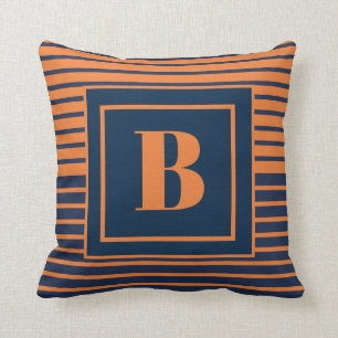 Coussin Bleu orange de la marine tendance rayé grand monog