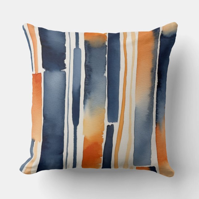 Coussin Bleu orange et blanc rayures abstraites (Recto)