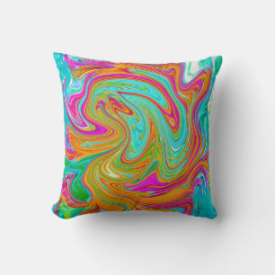 Coussin Bleu, Orange et Rose Chaud Abstrait Rétro Groovy