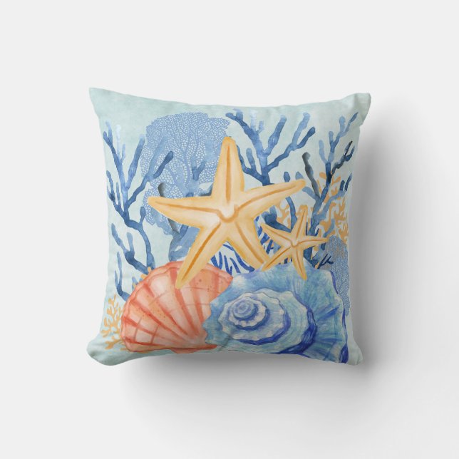 Coussin Bleu Orange Jaune Coquille de corail Plage (Recto)