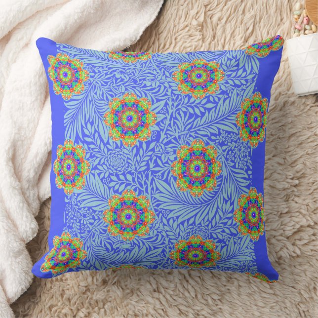 Coussin Bleu Orange Vert Fleur Mandala Boho Réversible (Couverture)