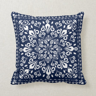 Coussin Bleu oriental et blanc de damassé