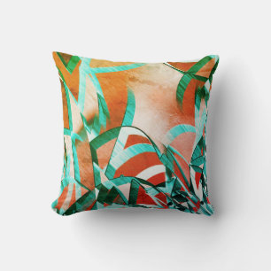 Coussin Bleu ou cyan stries sur l'orange rougeâtre rustiqu