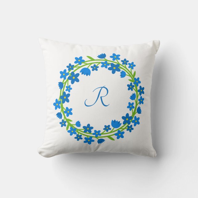 Coussin  Bleu Oublie-moi-pas couronne florale avec monogra (Recto)