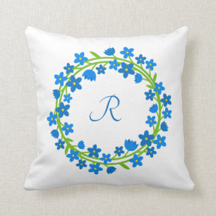 Coussin  Bleu Oublie-moi-pas couronne florale avec monogra