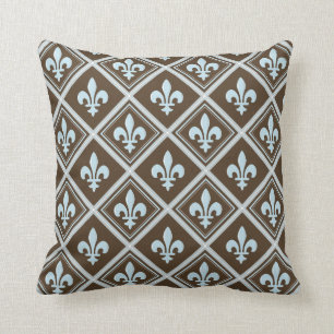 Coussin bleu pâle, fleur de lis, royal, tartan, marron, m