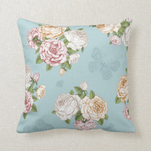 Coussin bleu pâle, vintage, floral, papillon, victorien, 