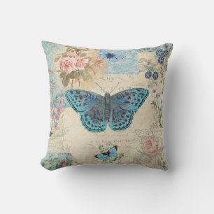 Coussin Bleu Papillon floral Script Ephemera Cottagecore
