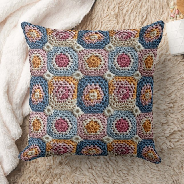 Coussin Bleu pastel, orange et rose aspect crochet (Couverture)