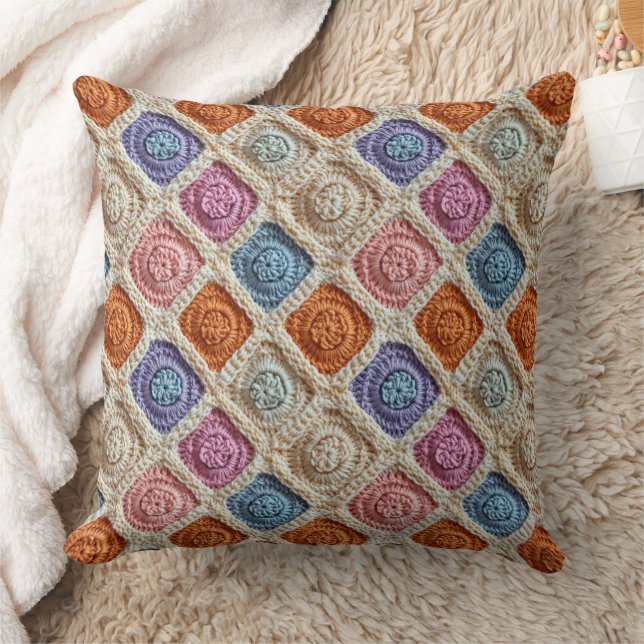 Coussin Bleu pastel Orange Violet et Rose Aspect Crochet (Couverture)