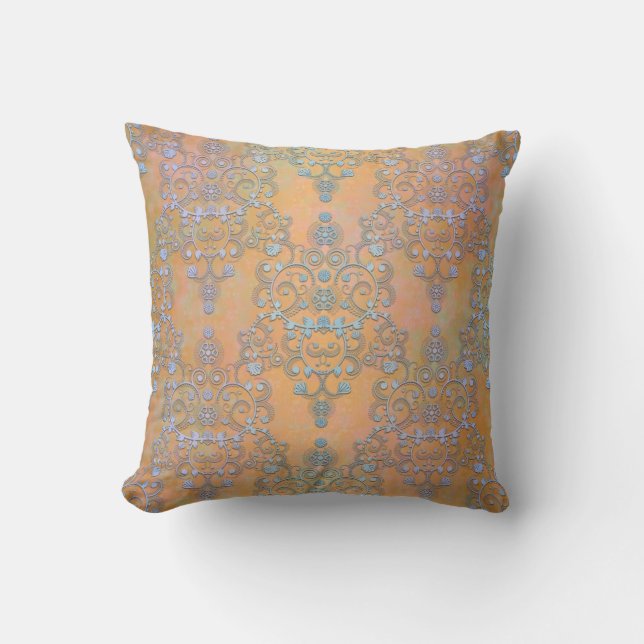Coussin Bleu pastel sur damas en dentelle aurore or (Recto)