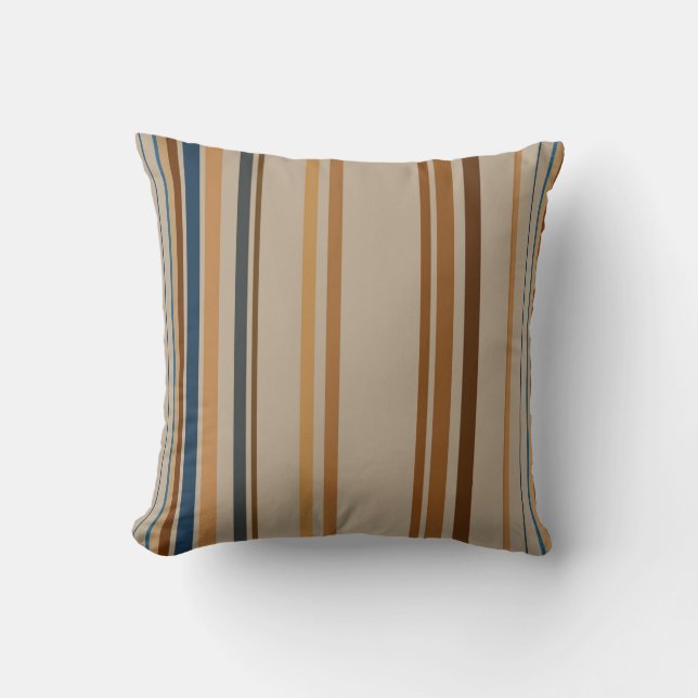 Coussin Bleu, pêche, beige, marron et rayures taupe (Recto)