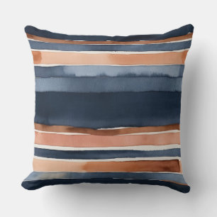 Coussin Bleu pêche et chocolat rayures d'aquarelle