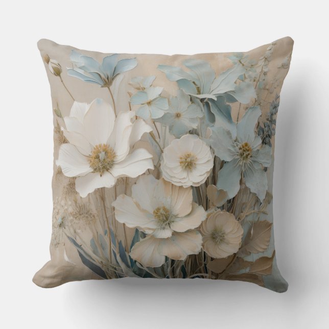 Coussin Bleu Poussiéreux Beige Blanc Crème Floral (Recto)
