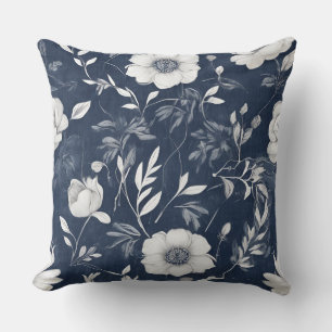 Coussin Bleu Poussiéreux Bleu Marine Blanc Floral