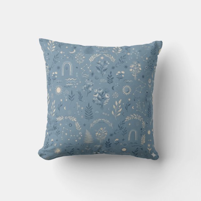 Coussin Bleu Poussiéreux Botanique Céleste Boho (Recto)