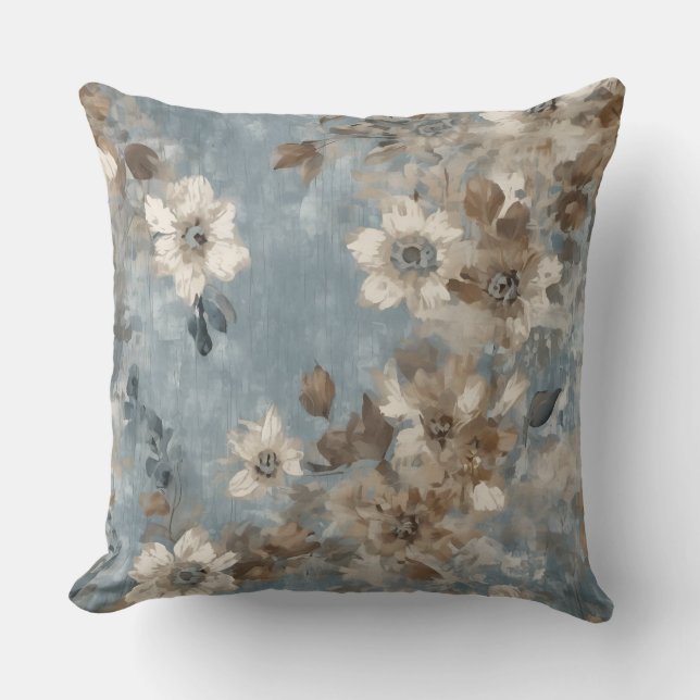 Coussin Bleu Poussiéreux Brun Clair Floral Abstrait Rustiq (Recto)