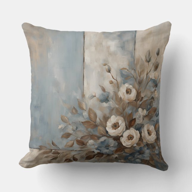 Coussin Bleu Poussiéreux Marron Clair Moderne Fleur De Fer (Recto)