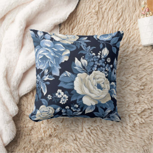 Coussin Bleu Poussiéreux Roses Blanches Hiver Navy