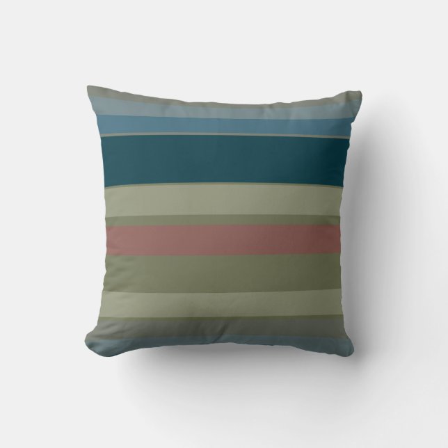 Coussin Bleu poussiéreux, sarcelle, beige, corail, rayures (Recto)