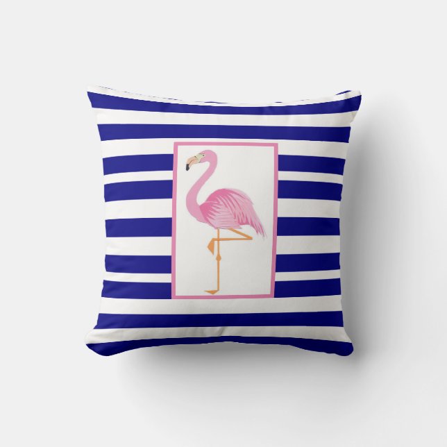 Coussin bleu rayé rose flamingo (Recto)