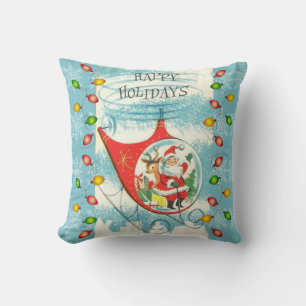 Coussin Bleu Rétro et Père Noël volant en Hélicoptère