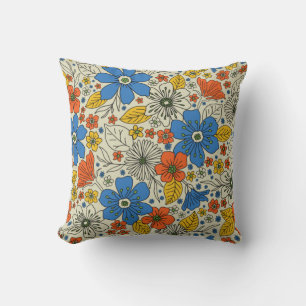 Coussin Bleu rétro, Jaune & Orange Floral