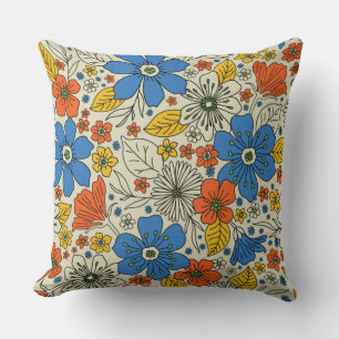 Coussin Bleu rétro, Jaune & Orange Floral
