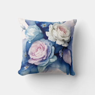 Coussin Bleu romantique et Aquarelle bleue Rose Floral Ar