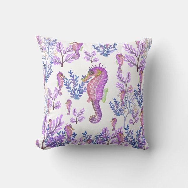 Coussin Bleu rose Purple Hippocampe Corail Plage Côtière (Recto)