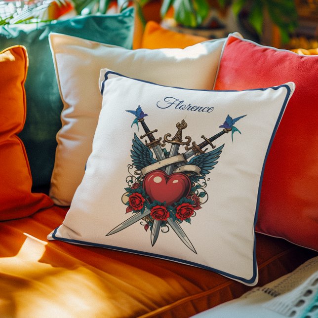 Coussin Bleu rouge floral du coeur nautique (Créateur téléchargé)